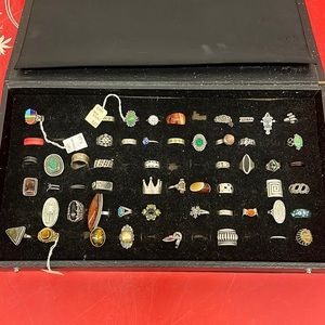 LOT OF 56 VINTAGE RINGS STERLING SILVER, AMBER, TURQUOISE & MORE